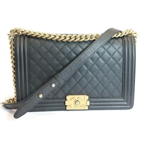 CHANEL - Quilted Black Caviar Leather BOY FLAP Shoulder Bag w/Authenticity Card - Picture 2 of 16